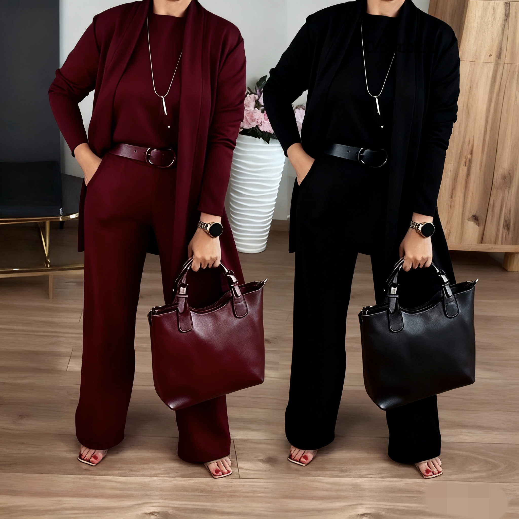Serena – Completo Elegante 3 Pezzi con Cardigan Lungo, Top e Pantalone Ampio
