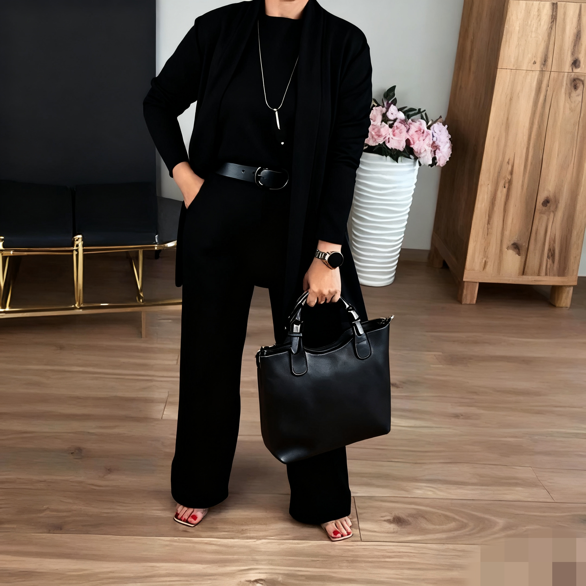 Serena – Completo Elegante 3 Pezzi con Cardigan Lungo, Top e Pantalone Ampio