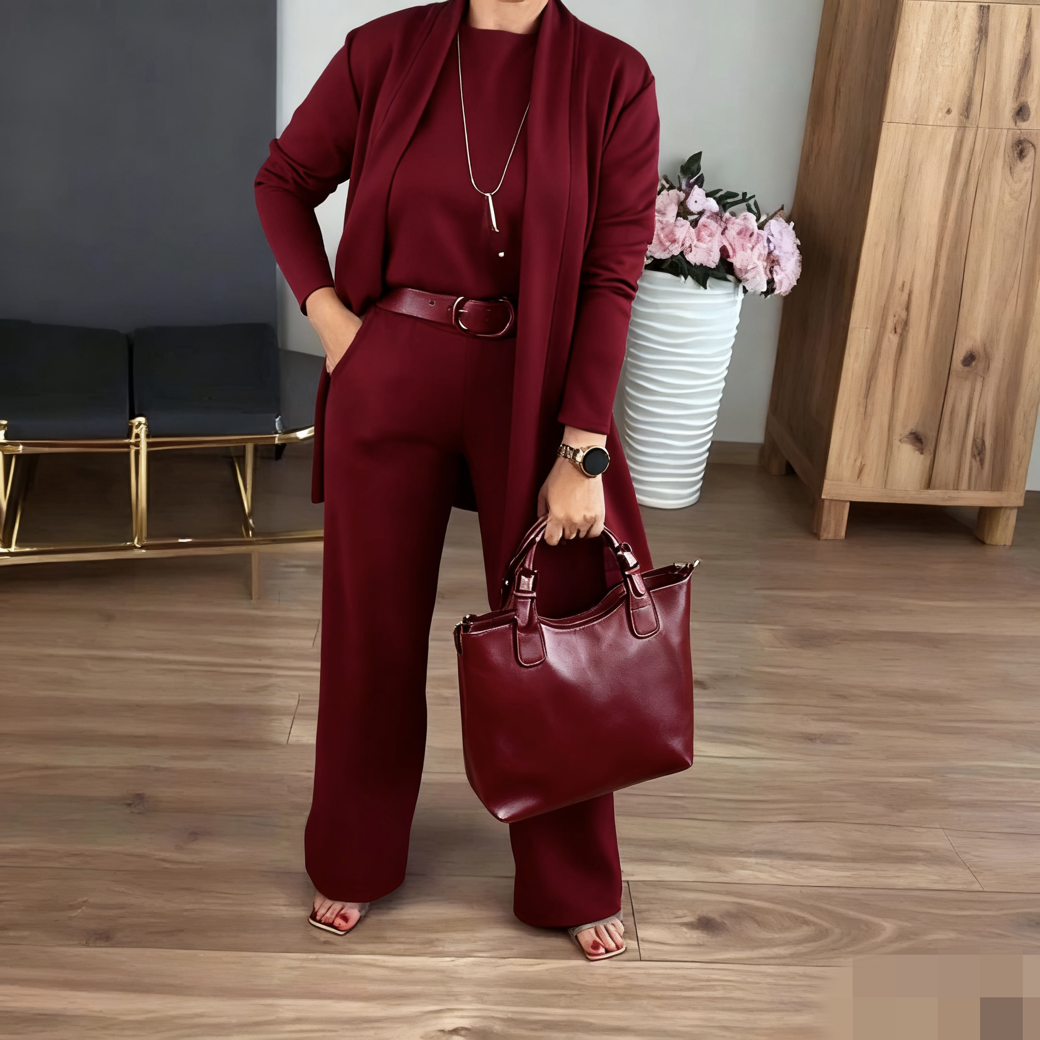 Serena – Completo Elegante 3 Pezzi con Cardigan Lungo, Top e Pantalone Ampio