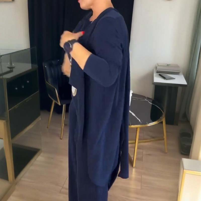 Serena – Completo Elegante 3 Pezzi con Cardigan Lungo, Top e Pantalone Ampio