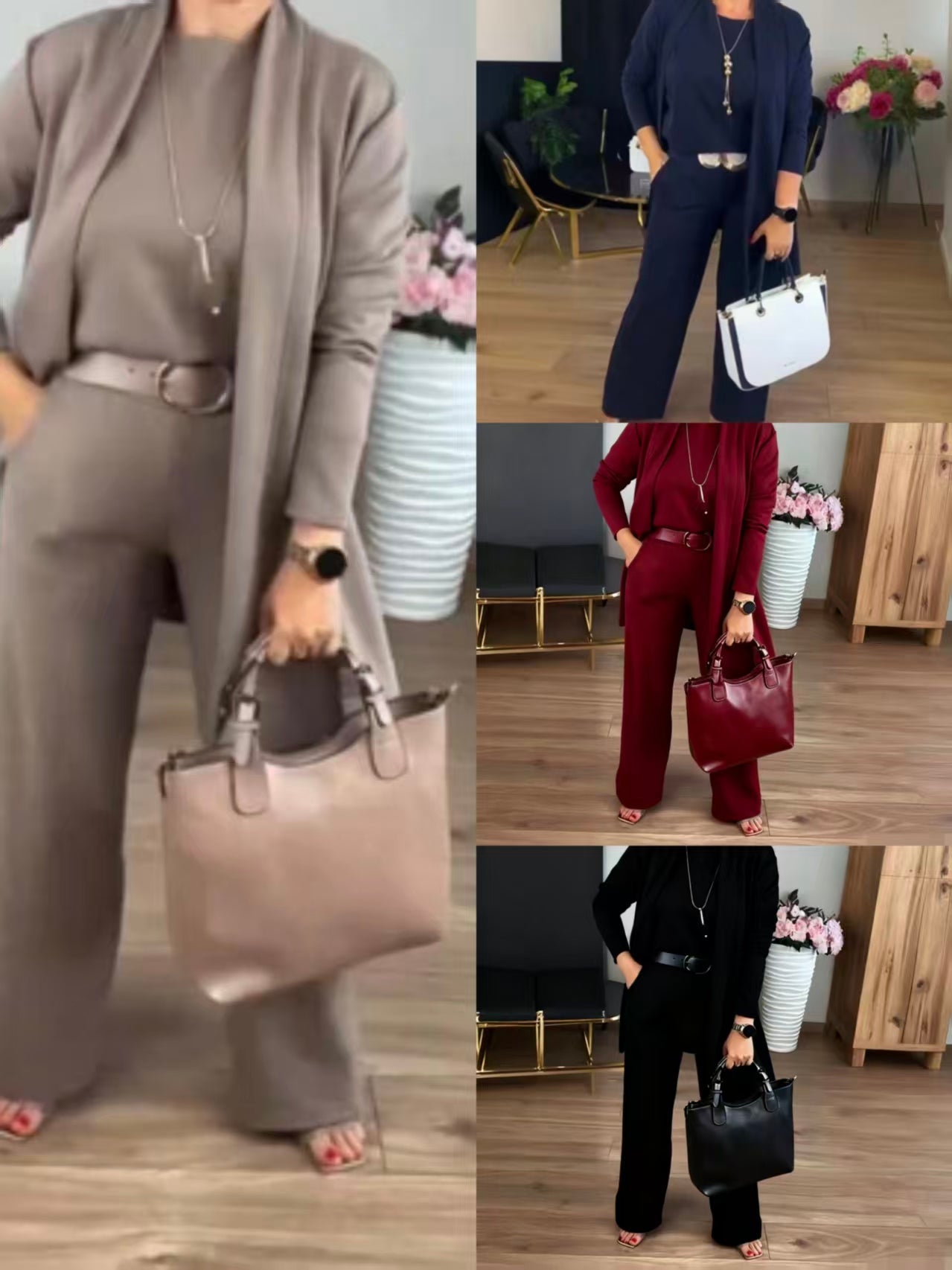 Serena – Completo Elegante 3 Pezzi con Cardigan Lungo, Top e Pantalone Ampio