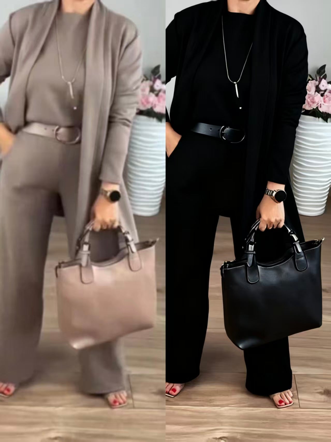 Serena – Completo Elegante 3 Pezzi con Cardigan Lungo, Top e Pantalone Ampio