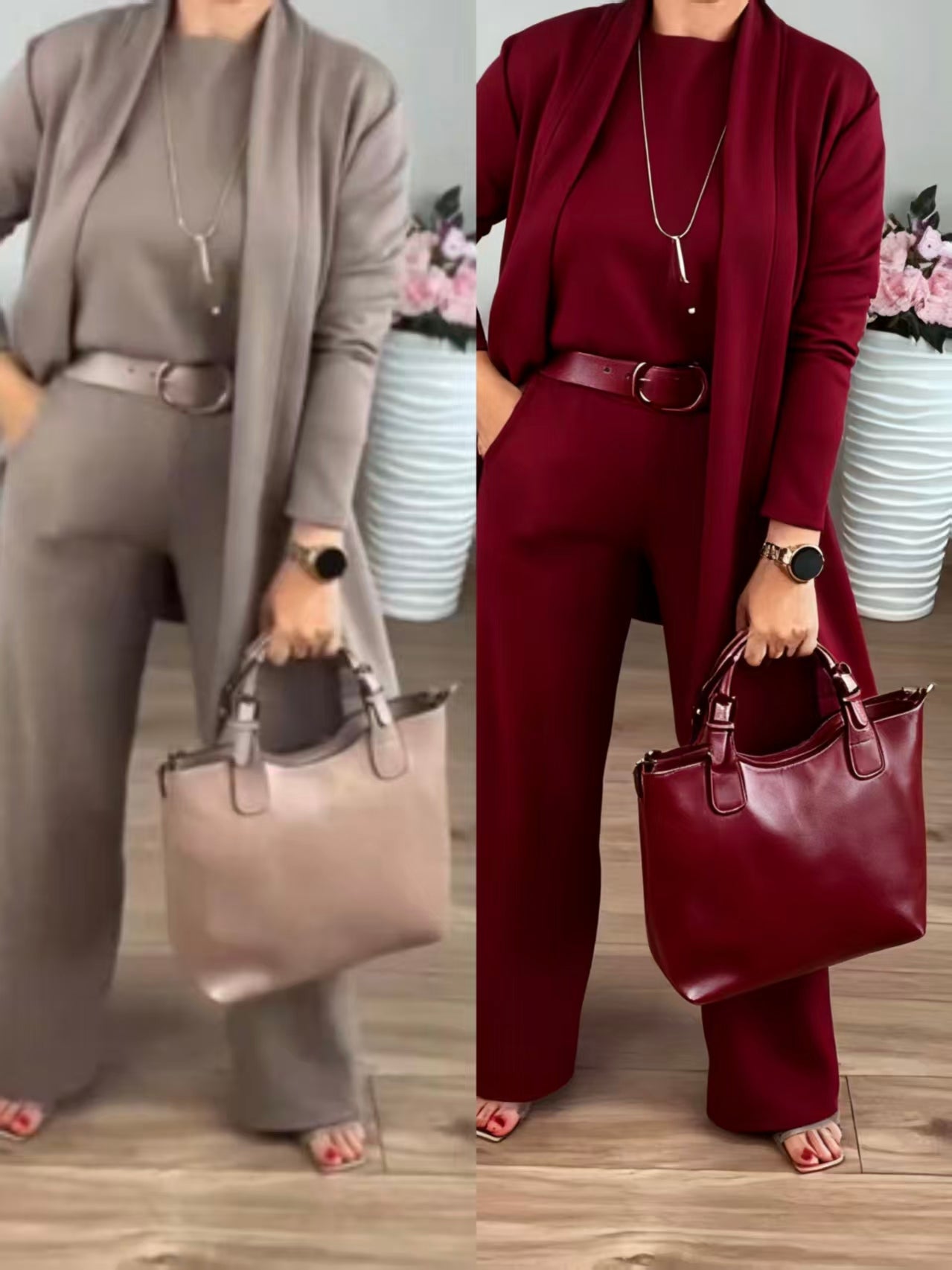 Serena – Completo Elegante 3 Pezzi con Cardigan Lungo, Top e Pantalone Ampio