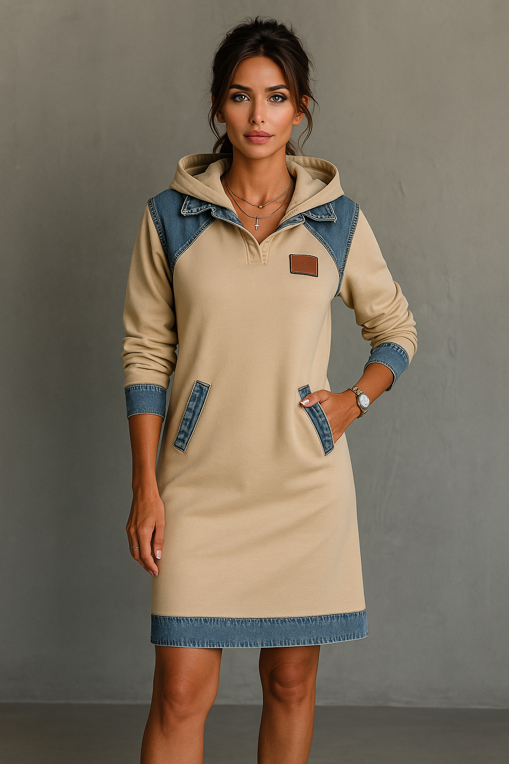 Abito con cappuccio e inserti in denim