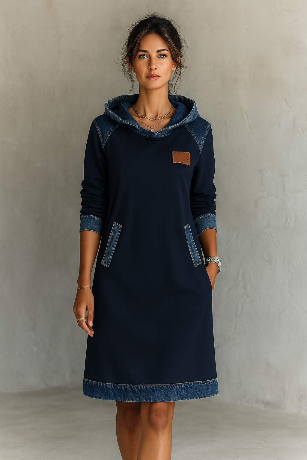 Abito con cappuccio e inserti in denim