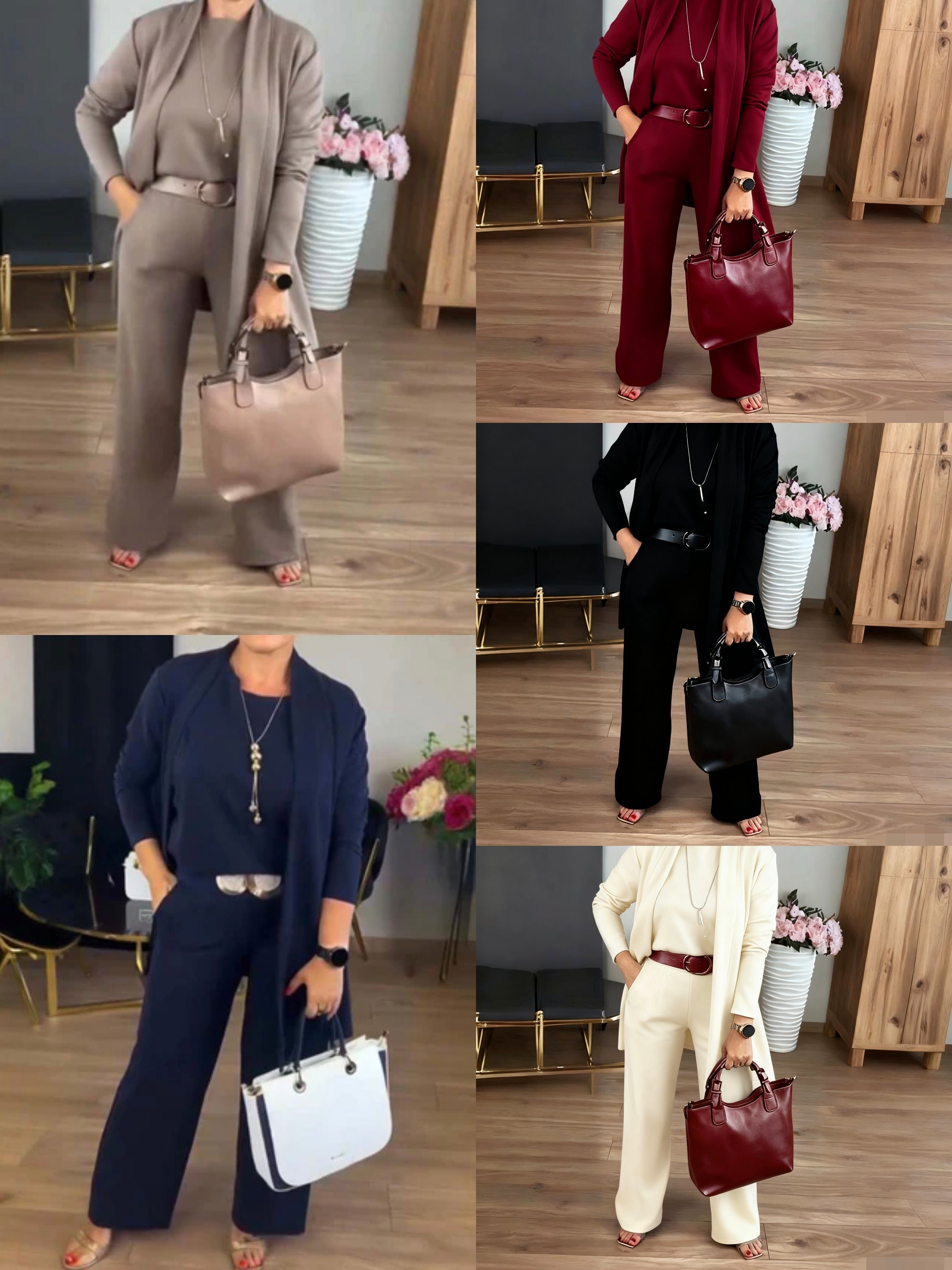Serena – Completo Elegante 3 Pezzi con Cardigan Lungo, Top e Pantalone Ampio