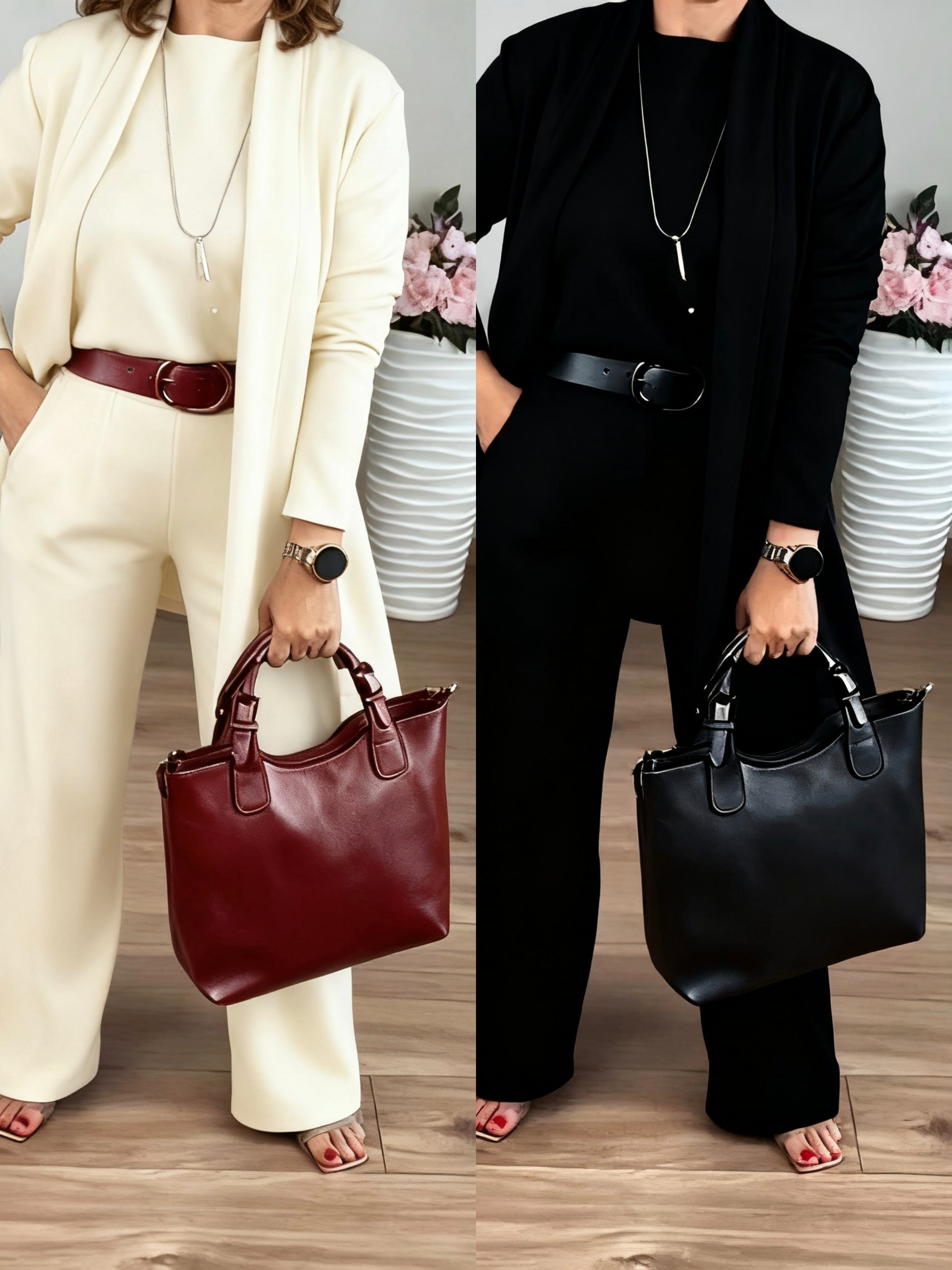 Serena – Completo Elegante 3 Pezzi con Cardigan Lungo, Top e Pantalone Ampio