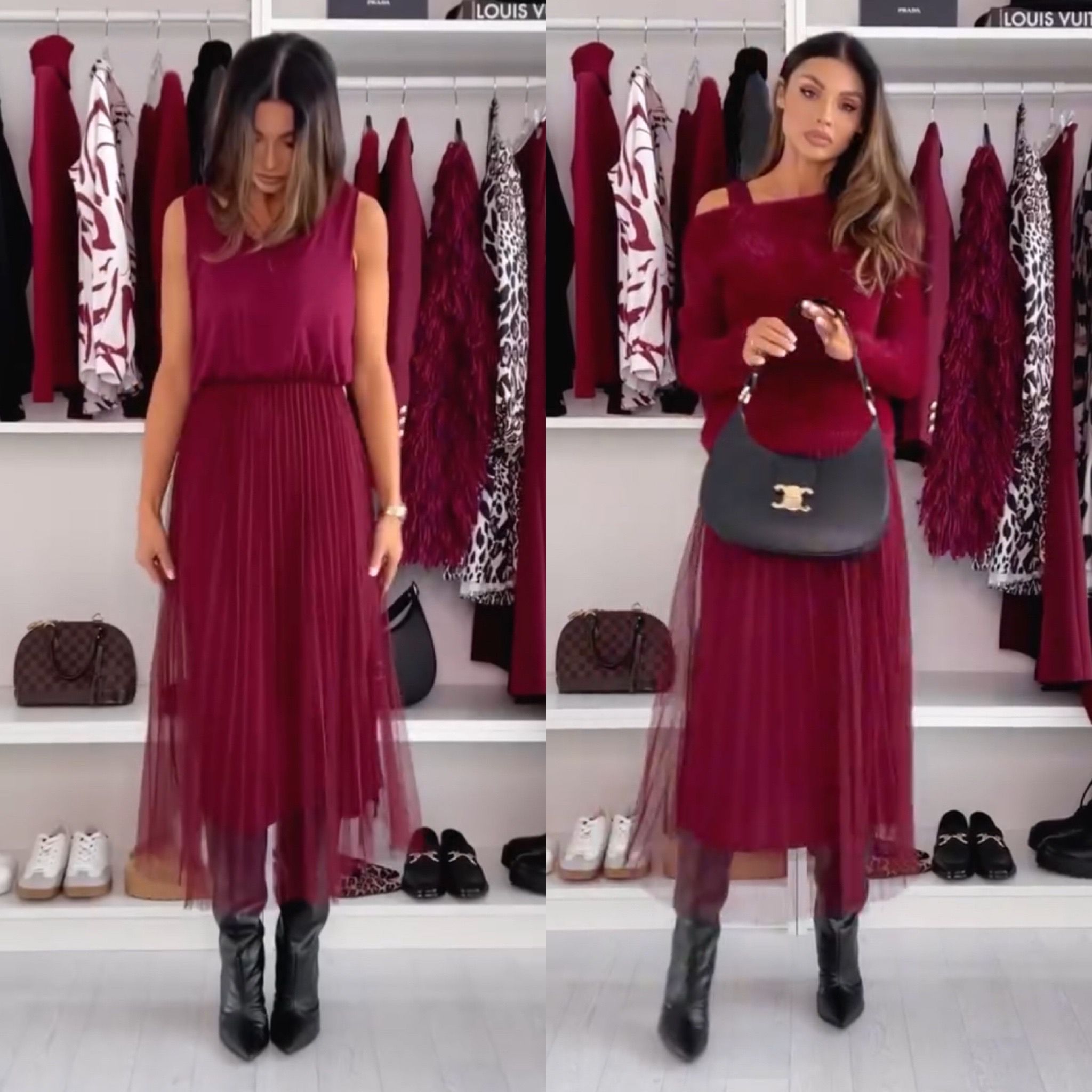 Alessia – Abito Bordeaux con Gonna in Tulle e Maglione Coordinato