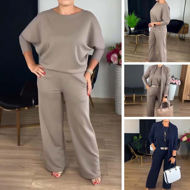 Serena – Completo Elegante 3 Pezzi con Cardigan Lungo, Top e Pantalone Ampio