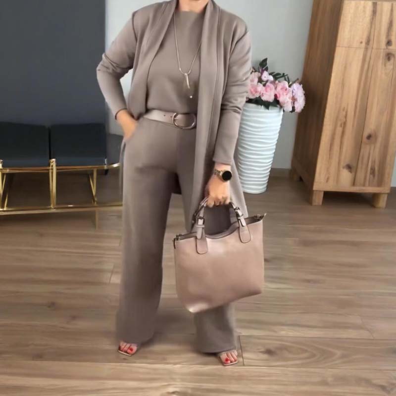 Serena – Completo Elegante 3 Pezzi con Cardigan Lungo, Top e Pantalone Ampio