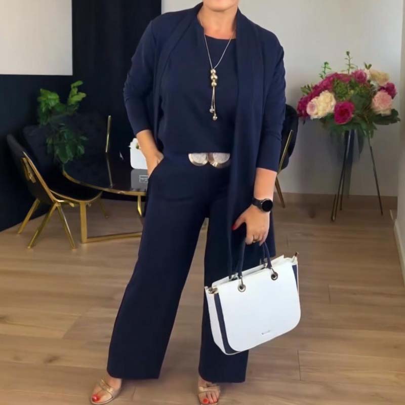 Serena – Completo Elegante 3 Pezzi con Cardigan Lungo, Top e Pantalone Ampio